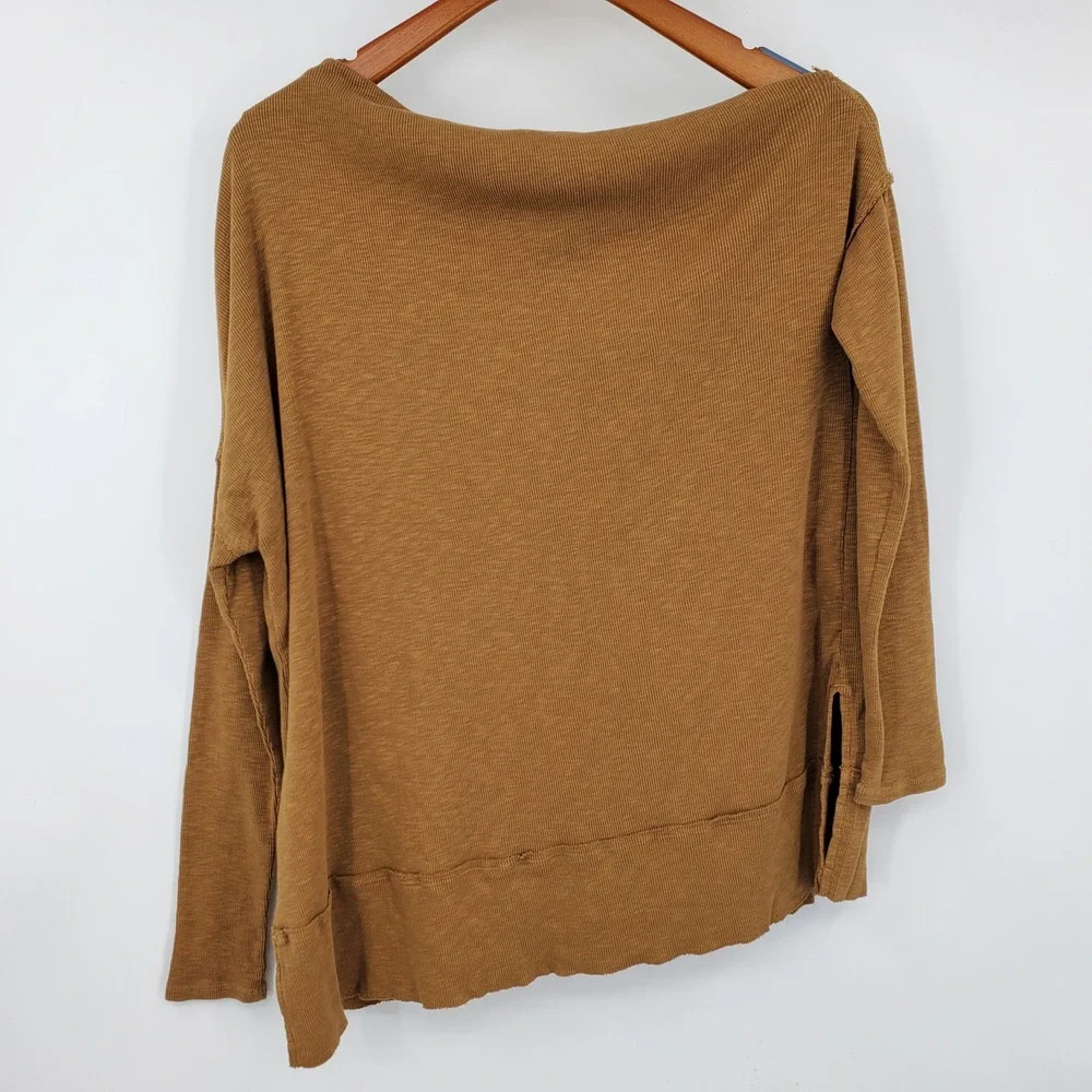 We The Free Free People Brown Ribbed Boat Neck Long Sleeve Shirt S Boho Earthy